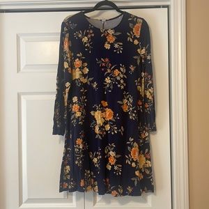 Blue flowered long sleeve swing dress.